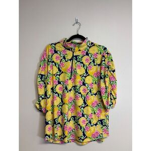 IBKUL 3/4 Sleeve 1/4 Zip Golf Pullover Navy Top with Lemon Print, Women Sz‎ XXL